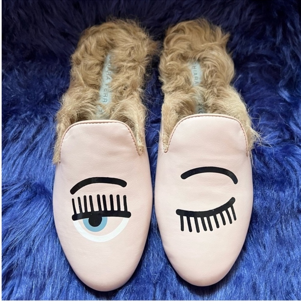 New! CHIARA FERRAGNI Flirting Eye Fur Leather Mules - Picture 7 of 11